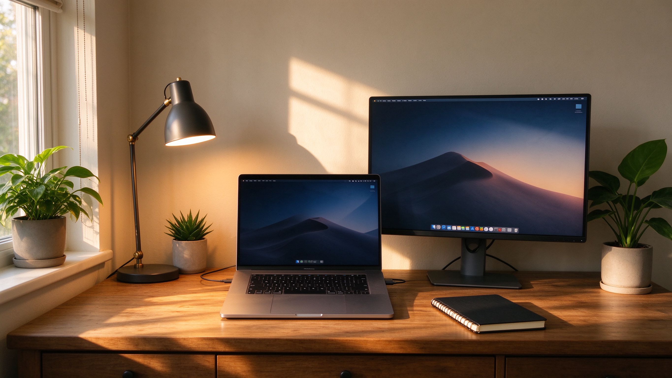 Home office desk setup with monitor and docking