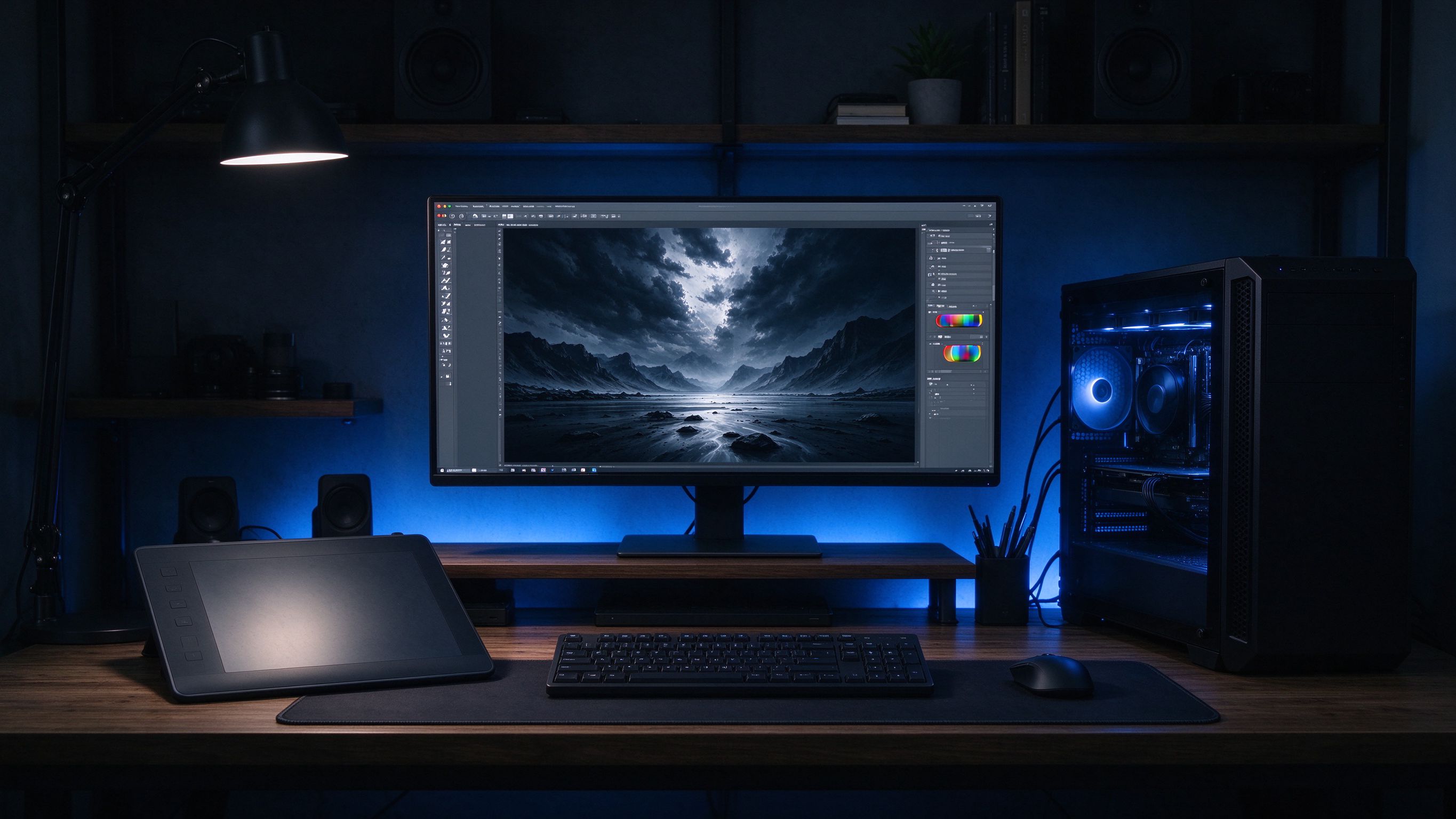 Creative studio editing workstation with colour-accurate displays